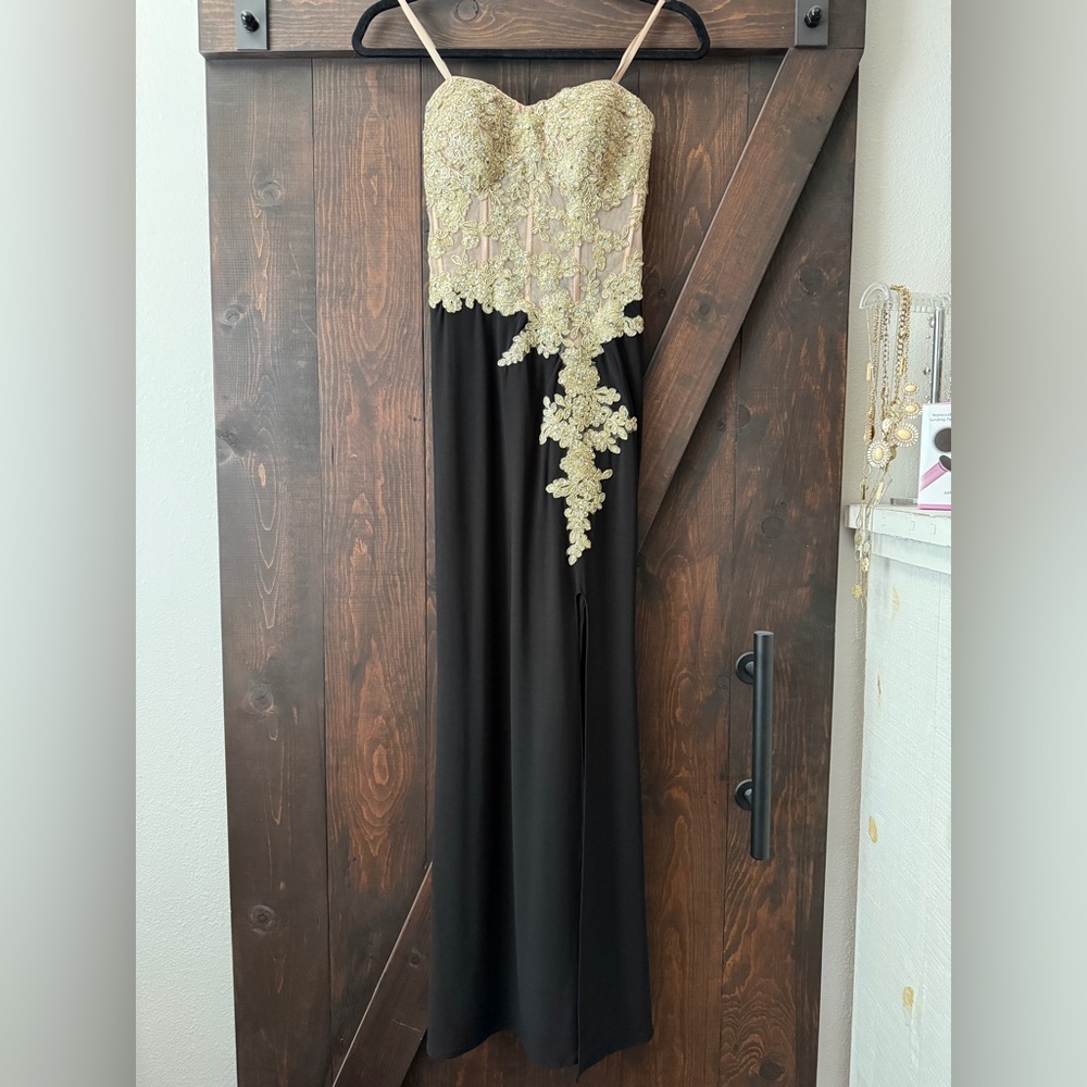 Vintage Y2K Blondie Nites Black & Gold Corset Top Strapless Slit Gown Size 3